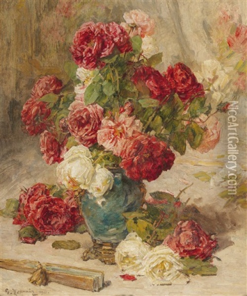 A Still Life With Roses In A Vase And A Fan Oil Painting - Georges Jeannin