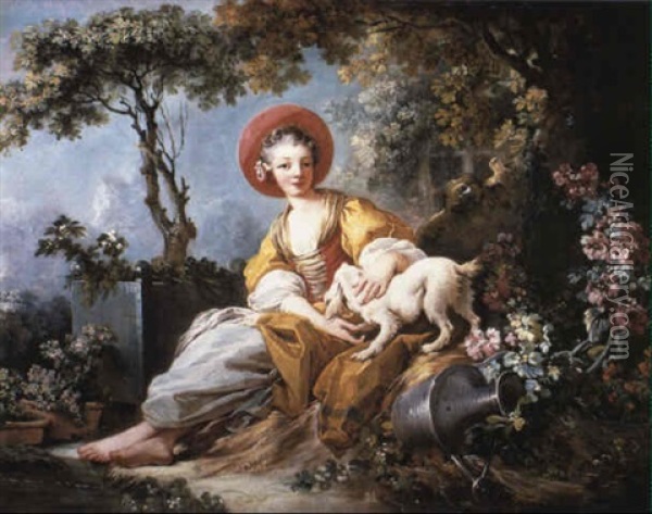 Young Woman Seated With Dog And Watering Can In A Garden Oil Painting - Jean-Honore Fragonard
