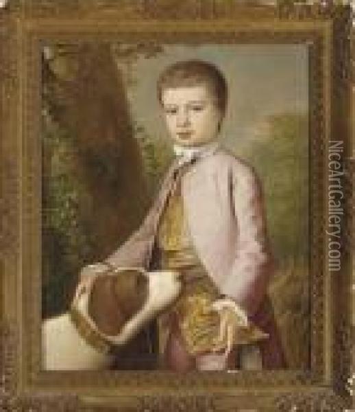 Portrait Of A Boy, 
Three-quarter-length, In A Pink Coat And Breeches, Resting His Hand On A
 Dog, Before A Wheat Field Oil Painting - Josepf Wright Of Derby