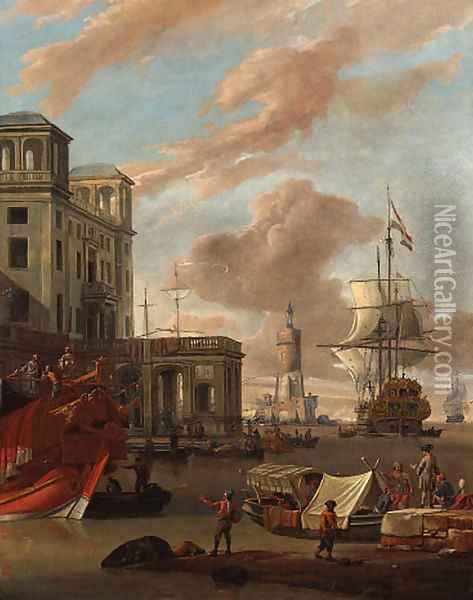A Mediterranean port with traders by a quay, a princely galley, a Dutch man-o-war and other shipping beyond Oil Painting - Abraham Storck
