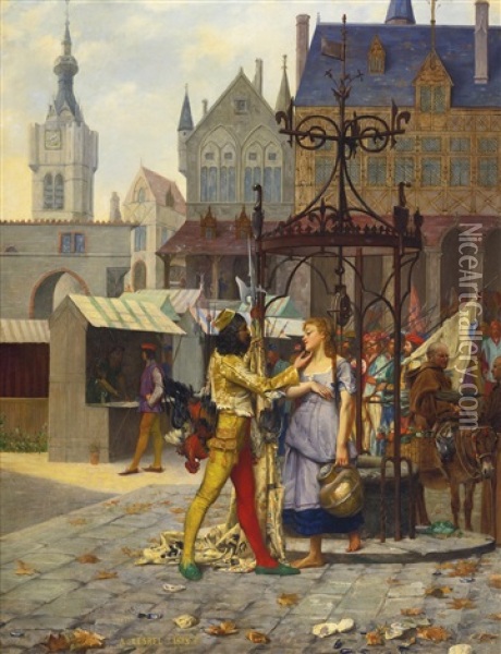 Flirtation In The Town Square Oil Painting - Adolphe Alexandre Lesrel