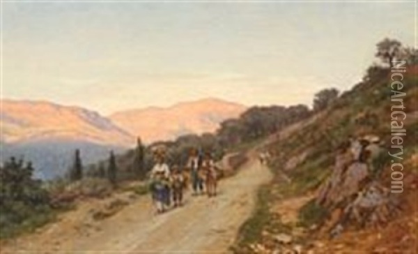 Scenery With Persons On A Mountain Road, Close To Rome Oil Painting - Niels Frederik Schiottz-Jensen