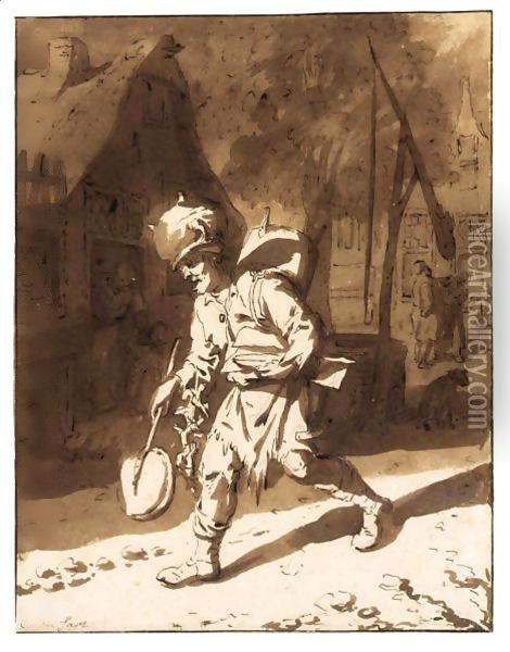 A Tinker Walking Down A Village Street Oil Painting - Cornelis Dusart