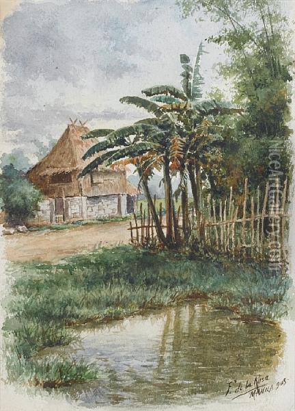 Filipino Landscape With Nipa Hut Oil Painting - Fabian De La Rosa