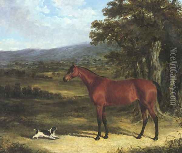 Bay And Spaniel In Landscape 1830 Oil Painting - John Frederick Herring Snr