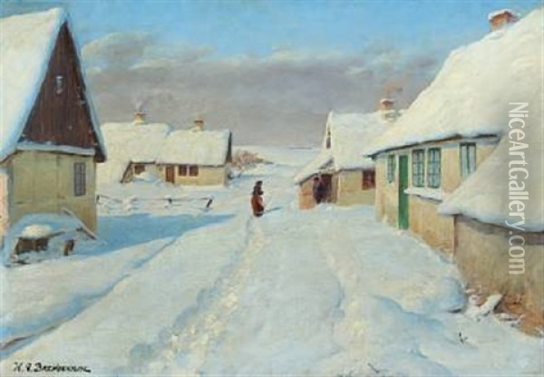 Sunny Winter Landscape With Two People In Conversation Oil Painting - Hans Andersen Brendekilde