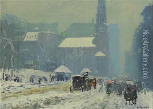 Park Street Church, Winter Oil Painting - Arthur Clifton Goodwin