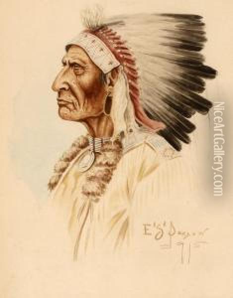Profile Of An Indian Chief Wearing A Feather Headdress Oil Painting - Edgar Samuel Paxson