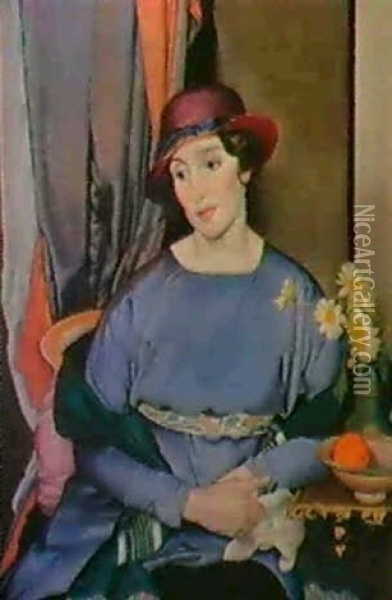 Lady In A Hat, The Artist's Wife Oil Painting - Bernard Meninsky