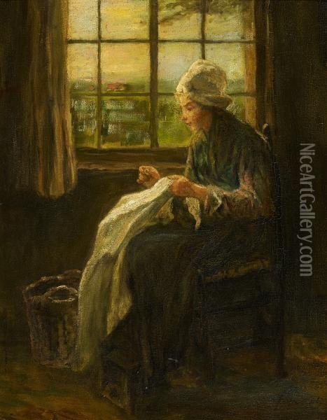 Woman Knitting By The Window Oil Painting - Jozef Israels