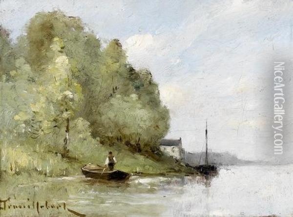 Uferpartie Mit Angler In Boot. Oil Painting - Paul Trouillebert