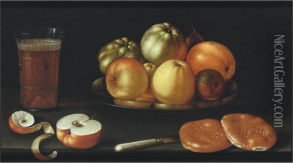 Still Life With Apples And Other Fruit On A Tazza, Together Witha Glass Of Beer, A Partly Peeled Apple, A Knife And Two Breadrolls Oil Painting - Cornelis Jacobsz Delff