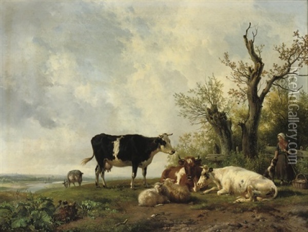 A Farm Girl With Her Cattle In A Pasture Oil Painting - Hendrik van de Sande Bakhuyzen