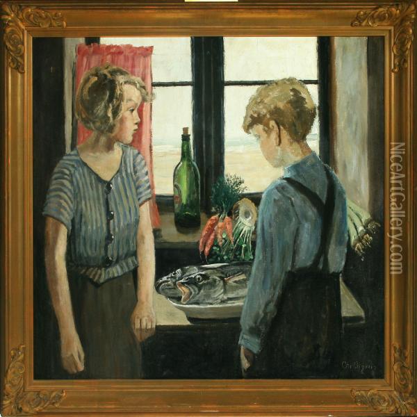 Interior With A Boy And Girl At The Window Oil Painting - Christian Aigens