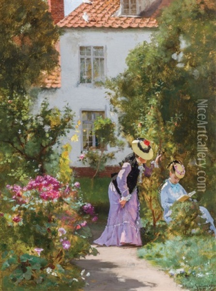 Women In The Garden Oil Painting - Hugo Salmson