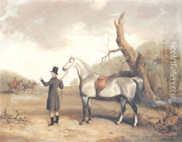 A Gentleman With His Hunter In A Landscape, Huntsmen And Hounds Beyond Oil Painting - Thomas Walker Bretland
