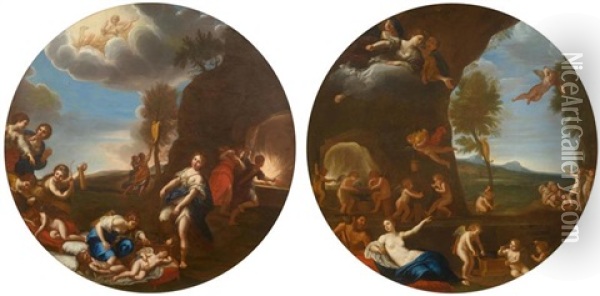 Pair Of Works: Putti Making Weapons /putti Disarmed Oil Painting - Francesco Albani