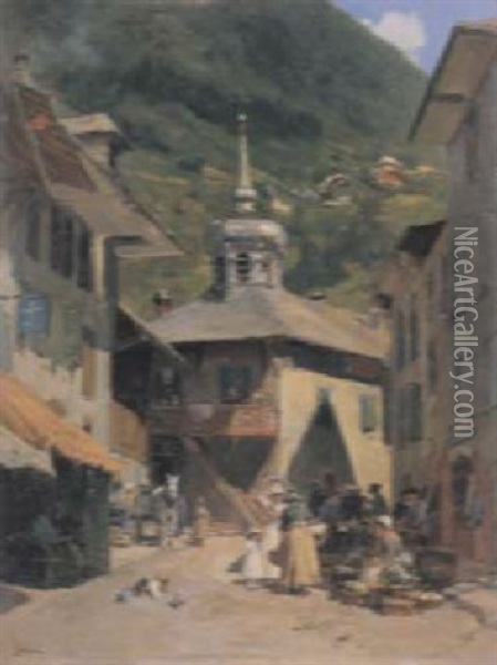 Place Du Marche A Tanninge, Savoie Oil Painting - Francois Adolphe Grison