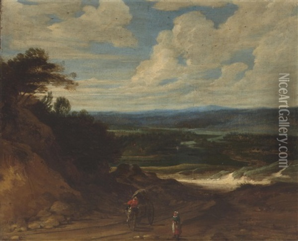 A Landscape With Figures And A Wagon On A Track In The Foreground Oil Painting - Lucas Achtschellinck