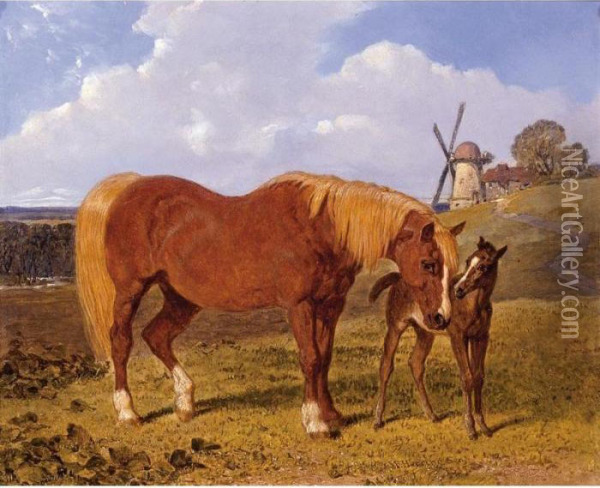 A Chestnut Mare And Foal In A Landscape Oil Painting - John Frederick Herring Snr