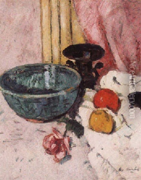 Still Life With Green Bowl Oil Painting - George Leslie Hunter