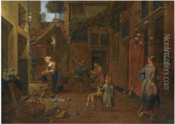 A Courtyard Scene With A Maid Washing Plates, Another Maid Carryingpots, A Young Boy With A Dog, Other Figures In The Background Oil Painting - Jan Van Buken