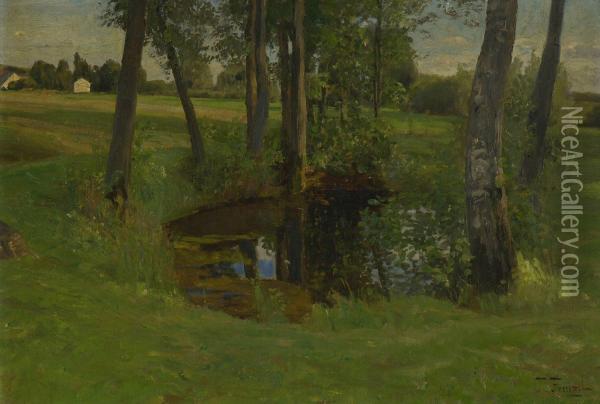 Teich In Baumlandschaft. Oil Painting - Oskar Frenzel
