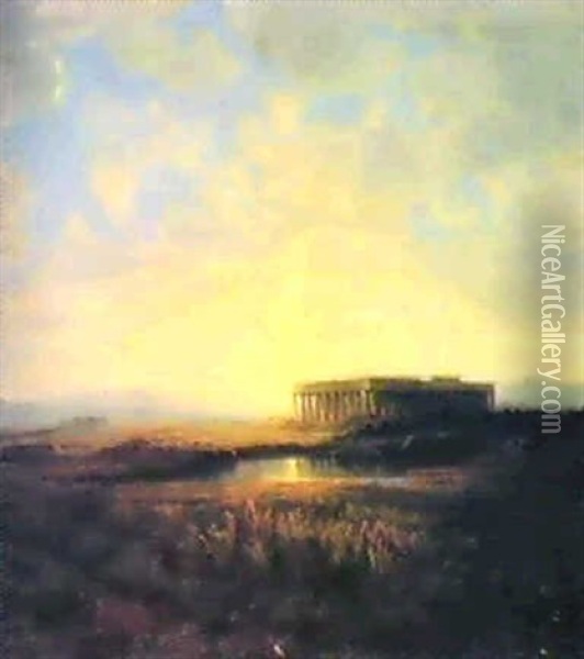 Sunset At Paestum Oil Painting - Alexandre Calame