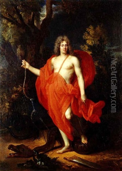 Portrait Of A Gentleman In Theguise Of The God Apollo       Treading On The Defeated Monster Python Oil Painting - Nicolas de Largilliere