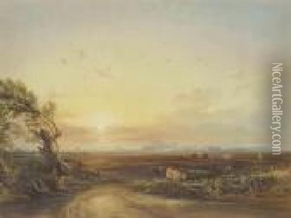 A Drover Herding His Cattle 
Through A Field At Sunset, Pevenseycastle Beyond, East Sussex Oil Painting - Anthony Vandyke Copley Fielding