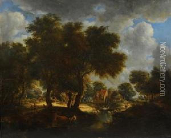 Mill And Cottage Oil Painting - Meindert Hobbema