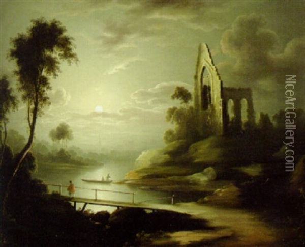 Figures In A Moonlit River With A Ruined Abbey Beyond Oil Painting - Henry Pether