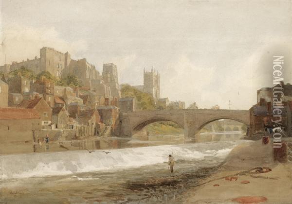 Durham Cathedral And Bridge, From The River Wear Oil Painting - Robert Ladbrooke