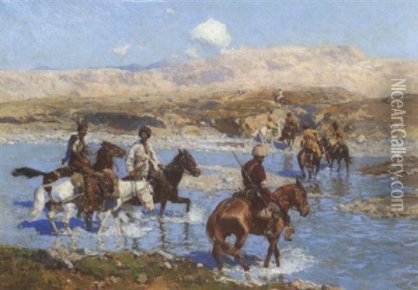 Tscherkessenreiter Beim Durchqueren Eines Flusses Im Kaukasus Oil Painting - Franz Roubaud