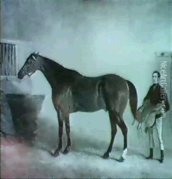 A Bay Racehorse With A Groom In A Stable Oil Painting - John Ferneley Jr.