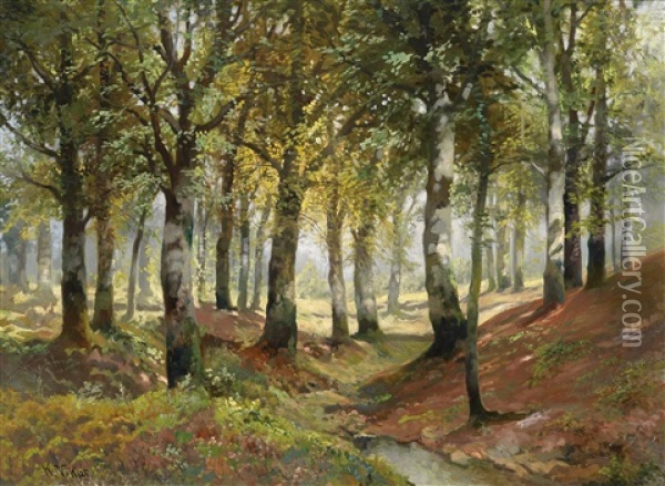 Sonnendurchflutete Waldlandschaft Oil Painting - Karl Vikas