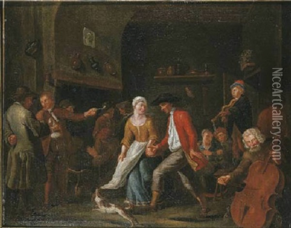 A Wedding Dance: An Interior With Peasants Dancing To The Music Of A Fiddler And A Cellist Oil Painting - Jan Josef Horemans the Elder
