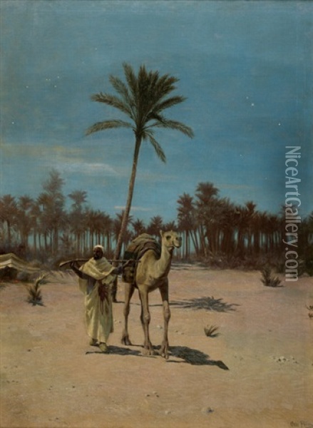 Nachtliche Wustenlandschaft Mit Einem Beduinen Und Dromedar An Einer Oase Oil Painting - Otto Pilny