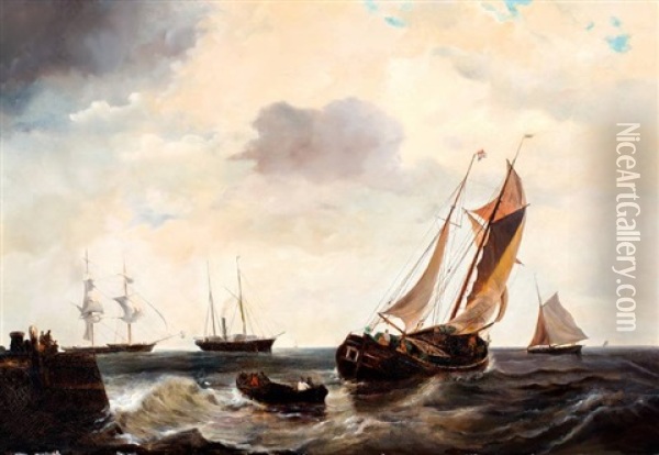 Vissersboten En Stoomschip Voor Een Havenhoofd Oil Painting - Johannes Coenraad Beyer