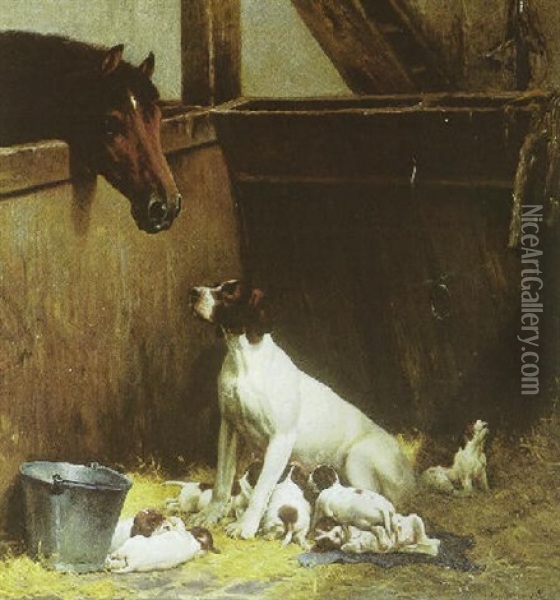 Hestestaldsinterior Med Hest Der Ser Til En Hund Med Sine Hvalpe Oil Painting - Simon Simonsen