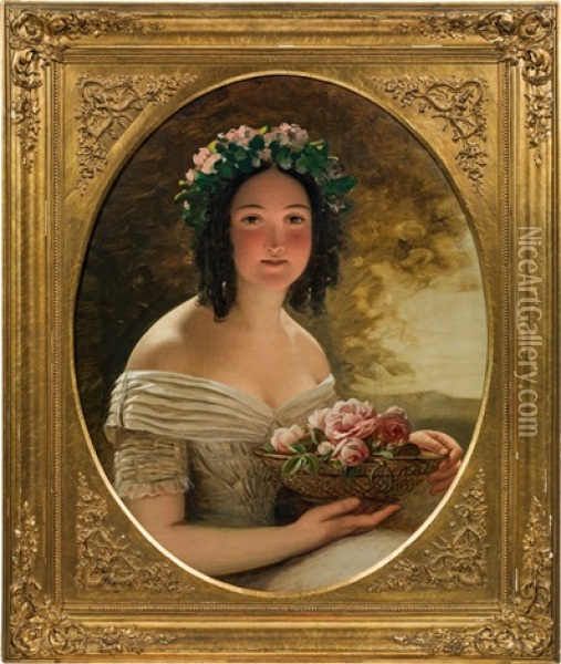Girl With A Bowl Of Roses Oil Painting - Friedrich von Amerling