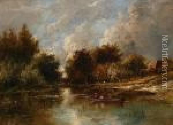 River Landscape With Figures In A Boat Oil Painting - Joseph Thors