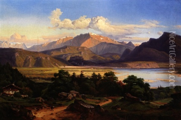 Grosse Landschaft Am Inn, Mit Blick Auf Kufstein Und Das Kaisergebirge Oil Painting - Georg Heinrich Crola
