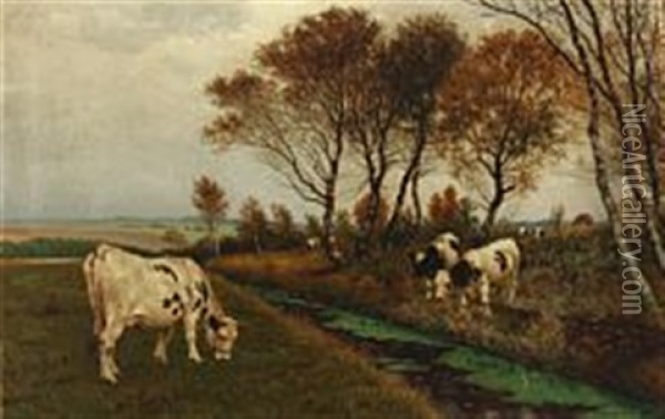 Black Pied Cows At A Creek Oil Painting - Poul Steffensen