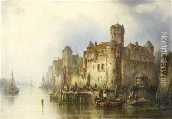 View Of A Castle By A River Oil Painting - Ludwig Herrmann