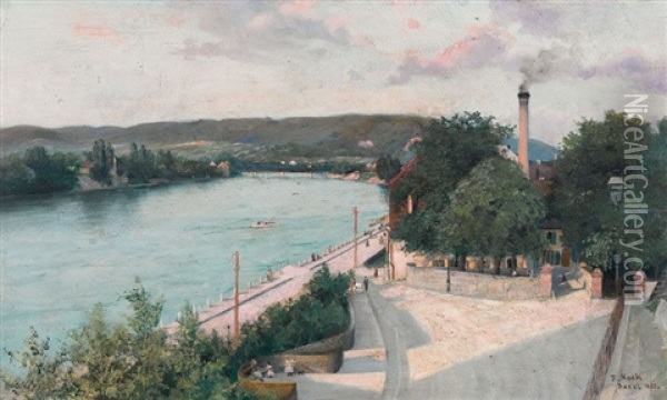 Rheinufer In Basel Im Abendrot Oil Painting - Fritz Mock