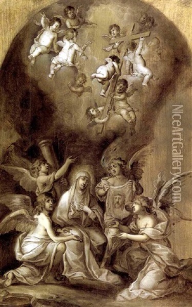 La Vierge Entouree D'anges Presentant Les Intruments De La Passion Oil Painting - Cornelis Schut the Elder