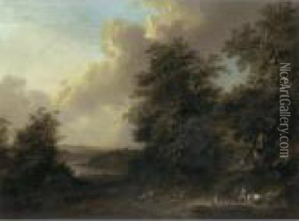 An Extensive Wooded River Landscape With Travellers Praying At A Roadside Shrine Oil Painting - Heinrich Wust