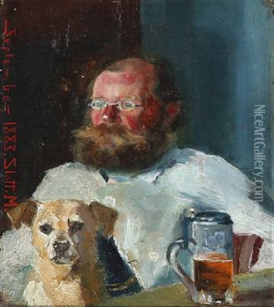 A Gentleman With A Beard Drinking Beer In Company With His Dog Oil Painting - Harald Slott-Moller