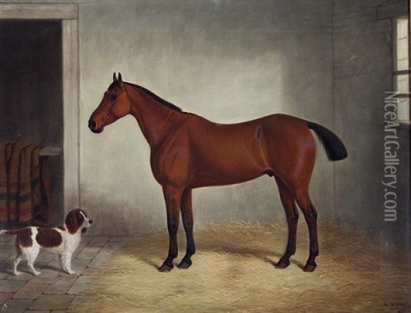 Portrait Of A Chestnut Hunter In A Stable Interior With A Spaniel Beside Oil Painting - Edward (of Coventry) Brown